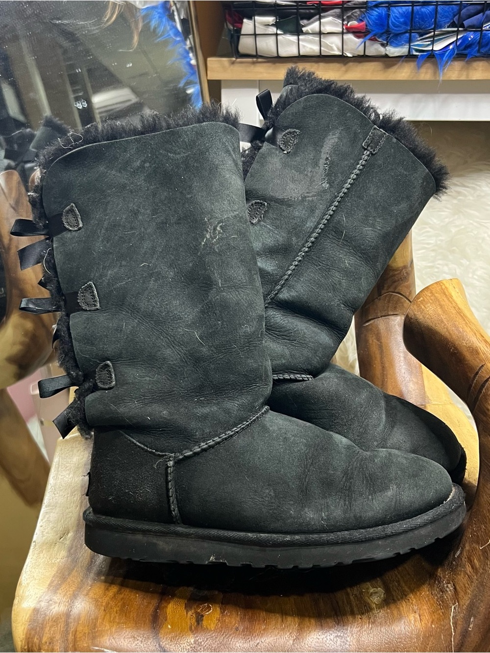 UGG Black Suede Shearling Mid-Calf Boots with Back Bows